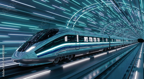 Sleek, futuristic high-speed train traveling through a brightly lit, abstract tunnel with glowing blue and green light streaks.