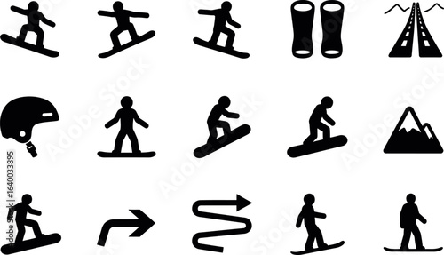 Snowboarding Icon Set:  Bold Black Silhouettes, Winter Sports Graphics