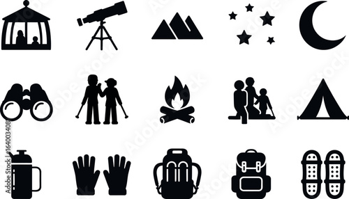 Family Camping Adventure: Night Sky, Mountains, Icons, Black Silhouette