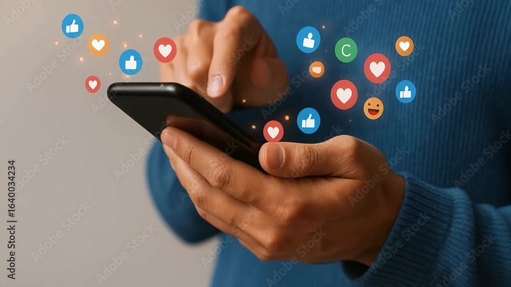 Hands Using Smartphone with Floating Social Media Icons and Blue Sweater Hands Using Smartphone with Floating Social Media Icons and Blue Sweater