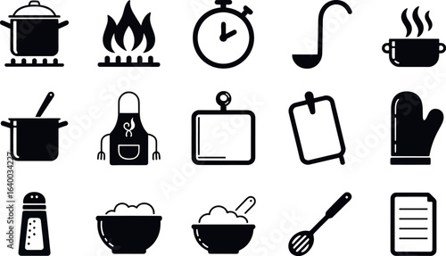 Simple Black Cooking Icons: Utensils, Timer, Recipe, and More