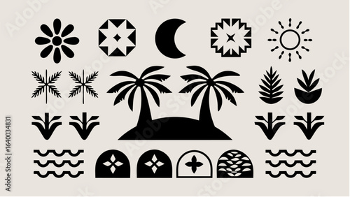 Black and white vector illustration of nature elements including sun moon palms and various plant shapes |  editable eps vectors silhouette