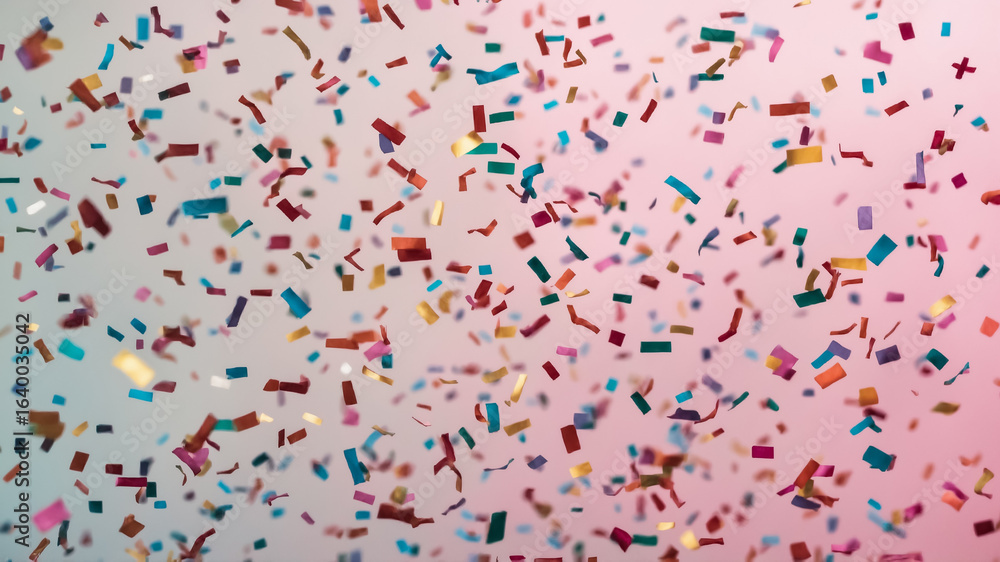 Fototapeta premium Colorful Confetti Falling Against a Soft Pink and White Gradient Background party celebration