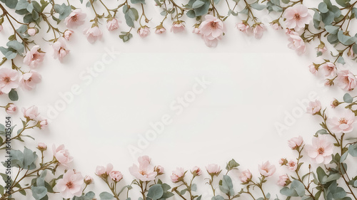 Wallpaper Mural Delicate pink cherry blossoms and eucalyptus leaves forming a decorative border on a white background Torontodigital.ca