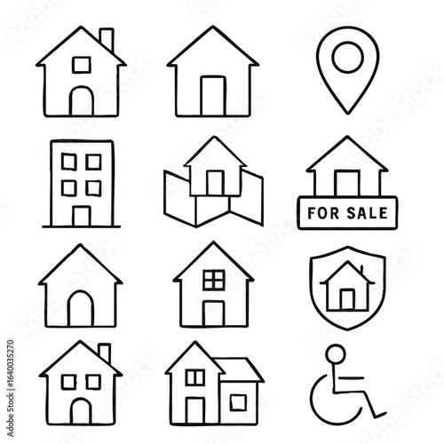 Real Estate Icon Set Hand Drawn Style Depicting Houses Buildings Location For Sale Shield and Accessibility Perfect for Web Design or Mobile App