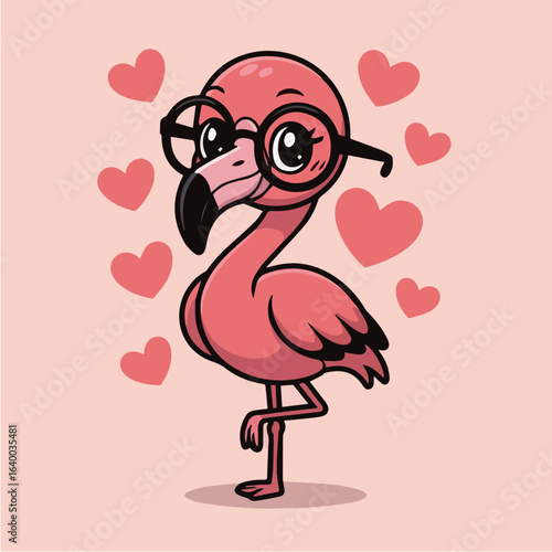 Illustration of a charming flamingo cartoon character wearing glasses, surrounded by hearts, perfect for valentines day or any occasion celebrating love and affection