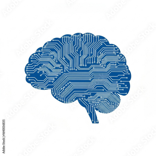 Illustration of a cerebral organ with circuit patterns on a plain field in a digital style view