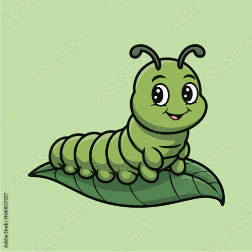 Illustration of a cute caterpillar on a leaf, showcasing its vibrant green color and playful nature, perfect for adding a touch of whimsical charm to any design project