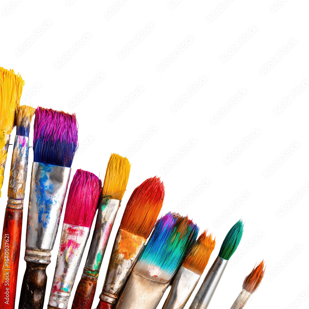 Fototapeta premium Colorful paintbrushes corner studio shot, art supplies background, creative hobby