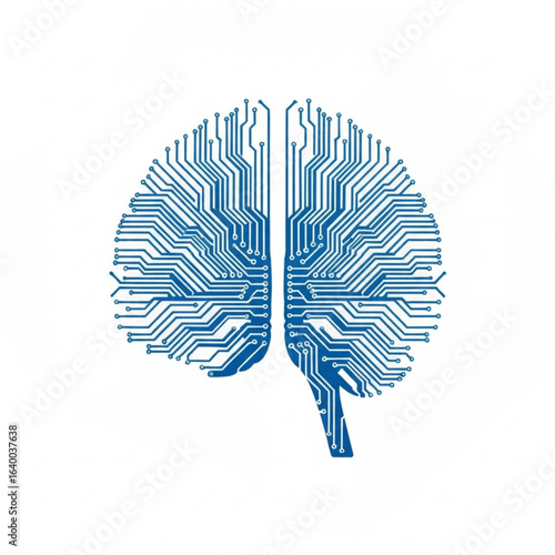 Illustration of a stylized cerebrum with circuit board pattern in blue on a plain field design element