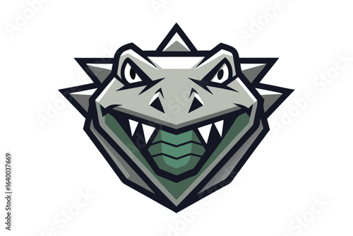 Modern Mascot of Spiky Gray Crocodile Head with Sharp Teeth on White Background