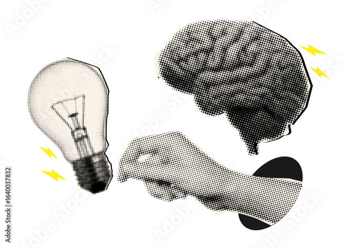 Halftone collage with hand,brain and light bulb,trendy collage elements,smart thinking concept
