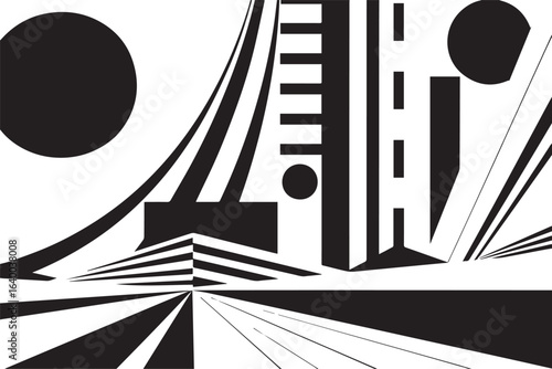 Abstract black and white geometric composition with architectural elements and celestial bodies