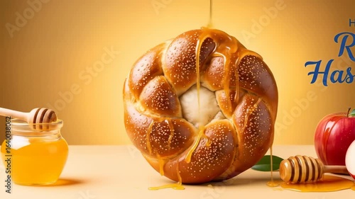Sweet honey pouring over challah bread with rosh hashanah apples and jar