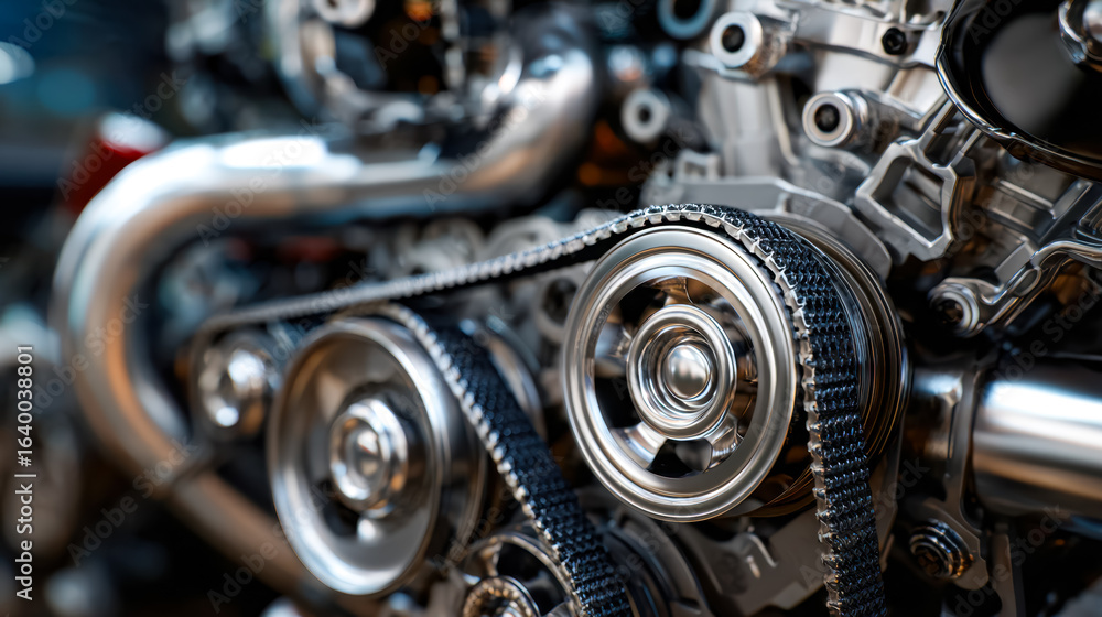 Fototapeta premium Close-up of a high-performance motorcycle engine with visible timing belt and metallic components