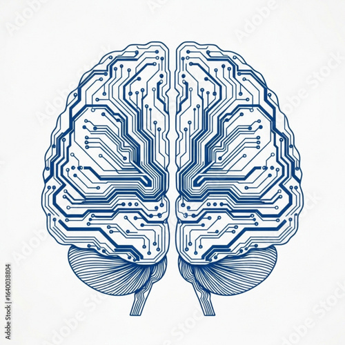 Anatomical representation of the human cerebrum with circuit board pattern in shades of blue color design