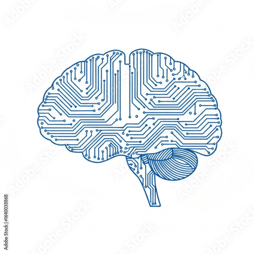 Illustration of a human brain with circuit patterns in light blue color on a plain white surface view from the side