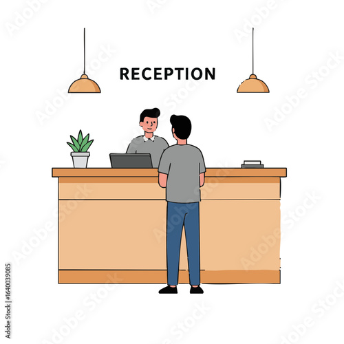 Vector illustration of man at hotel reception on white background