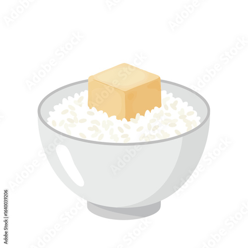 Vector illustration of rice bowl with tofu on white background, asian food