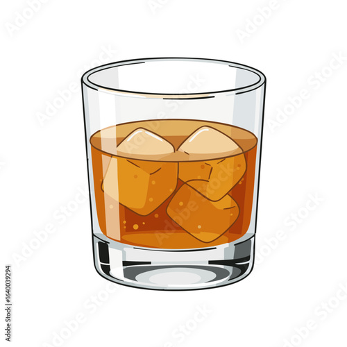 Vector illustration of whiskey on rocks on white background, alcoholic drink