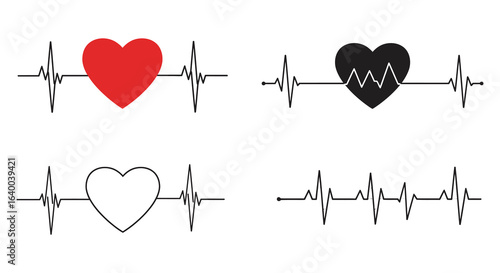 Heartbeat Pulse Line with Heart Shapes in Various Styles silhouette