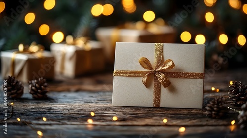 Festive gift card on a rustic wooden table with cozy holiday lights
