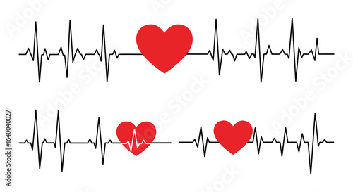 Heartbeat Rhythm with Red Heart Shapes Medical Illustration Silhouette
