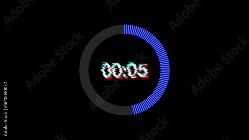 Dark circle clock displaying time with glitchy numbers perfect for digital art, technology concepts, scifi, and futuristic designs. 10 second countdown neon
