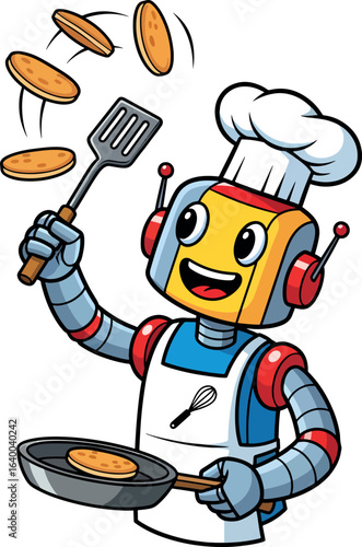 Robot chef flipping pancakes. Funny android character cooking breakfast vector illustration.