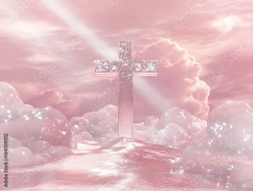 Glitter Pink Cross in Sparkling Clouds – Heavenly Christian Scene