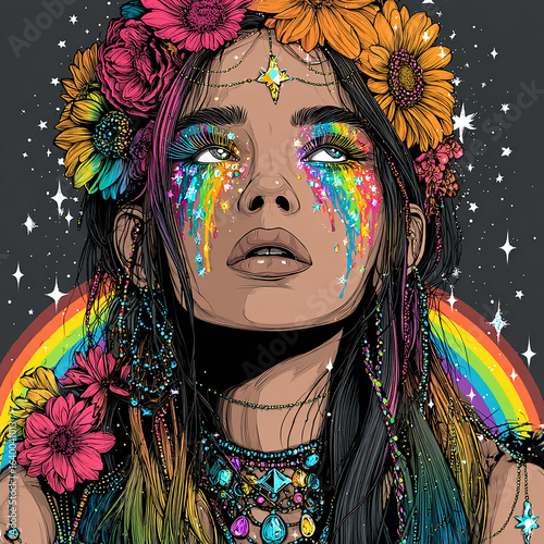 Woman with Rainbow Tears and Flower Crown – Colorful Pop Art Portrait