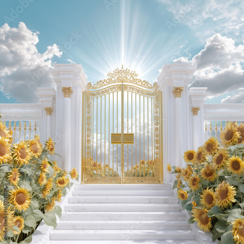 Sunflower Path to Golden Heaven Gates under Blue Sky – Spiritual Artwork