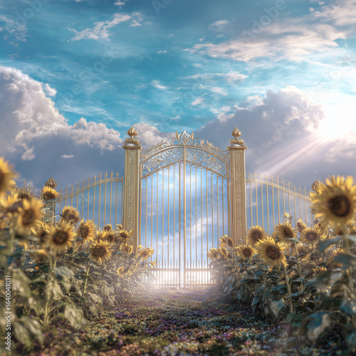 Golden Heaven Gate with Sunflowers and Sun Rays – 3D Render