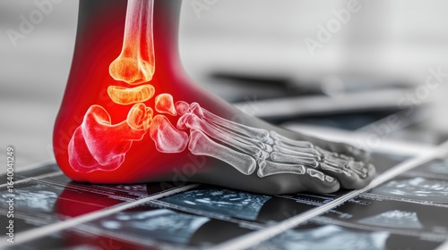 Close-up of ankle joint showing Achilles tendinitis and key medical findings