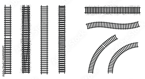 Railway Track Collection Straight Curved and Wavy Lines in Black Silhouette