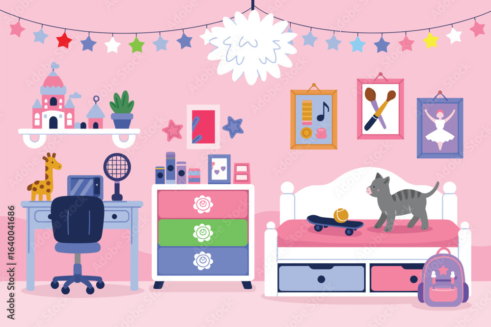 Naklejka premium Flat Vector Illustration of Cute Girl’s Bedroom Interior in EPS 10 Format, No Transparencies, Featuring Modern and Playful Design Elements for Children’s Room