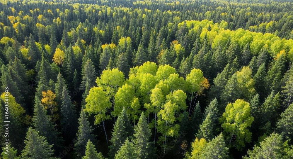 Fototapeta premium Aerial View of Lush Green Forest with Vibrant Yellow Aspen Trees in Autumn Landscape Photography Stock Image