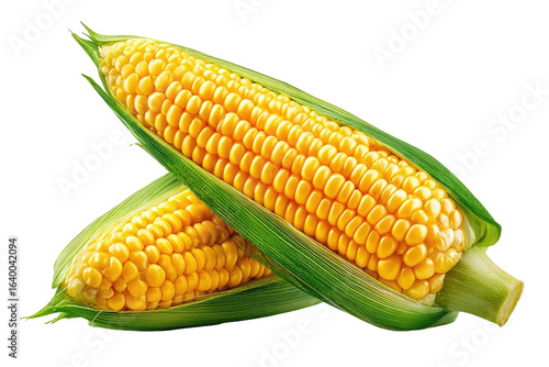 Two ears of yellow corn, kernels visible, vibrant green husks