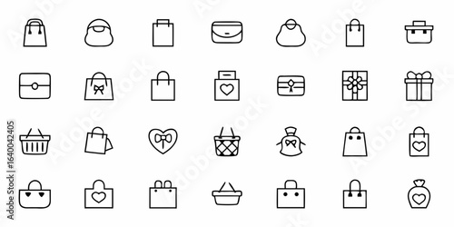 A sophisticated set of line art icons featuring high-end shopping bags for fashion, jewelry, and luxury goods. Ideal for boutique branding, fashion e-commerce, and upscale retail packaging
