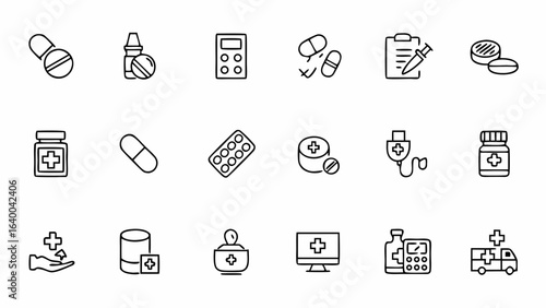 A specialized set of line art icons highlighting online pharmacy services. Perfect for e-pharmacy websites, prescription refill apps, and telehealth prescription systems