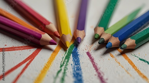 colored pencils on a white background close-up, selective focus