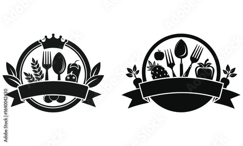 Food and Drink Emblems with Utensils, Fruits, Vegetables and Crown logo restaurant