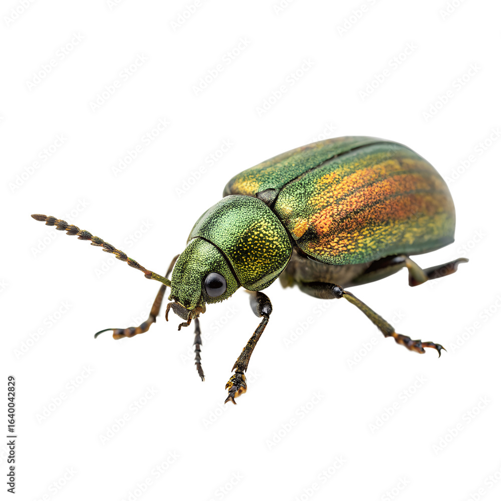 Fototapeta premium Close-up of a vibrant green and orange beetle with detailed textures and features. The insect is positioned against a black background, showcasing its unique coloration.