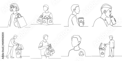 Set of 8 recycling profile SVG icons, one line minimal style, transparent background