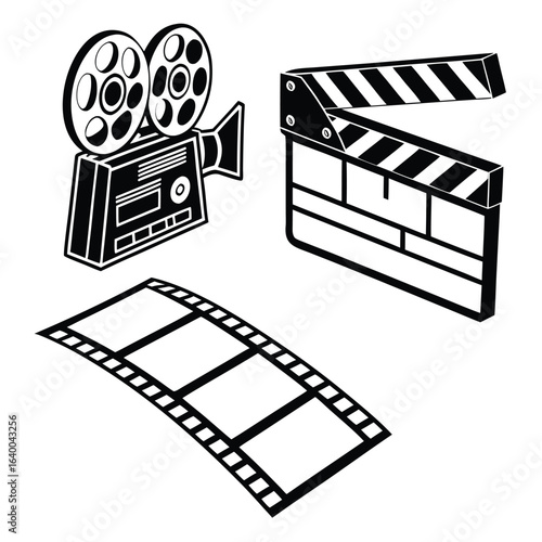 Black and White Movie Industry Icons Featuring a Vintage Camera a Clapperboard and a Film Strip on White Background
