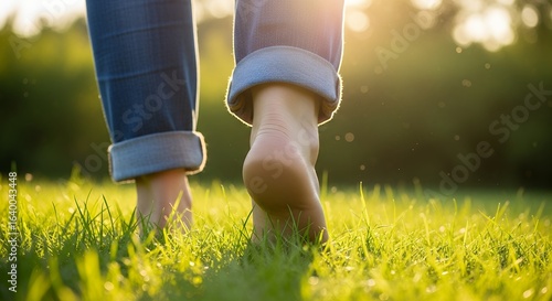 Fototapeta Naklejka Na Ścianę i Meble -  Barefoot Walking on Lush Green Grass  Summer Day Footprint in Jeans Lifestyle Image for Relaxation and Wellbeing