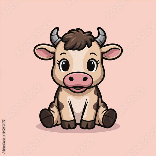 Cute cartoon cow sitting, a funny vector illustration of a farm animal, isolated on a pink background, perfect for a baby or childrens design, adorable and cheerful
