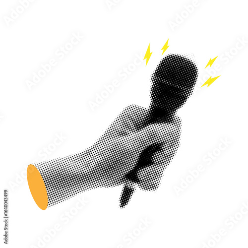 Halftone collage with hand holding microphone,collage element