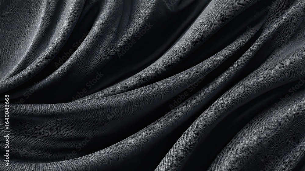 Fototapeta premium Close-up view of dark gray silk fabric with flowing drapes.