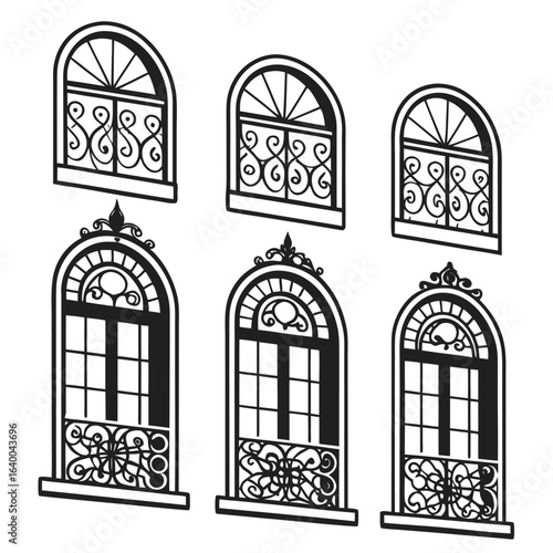 Collection of Decorative Windows with Elegant Details Artistic Window Designs Vintage Architectural Elements Black and White Illustration